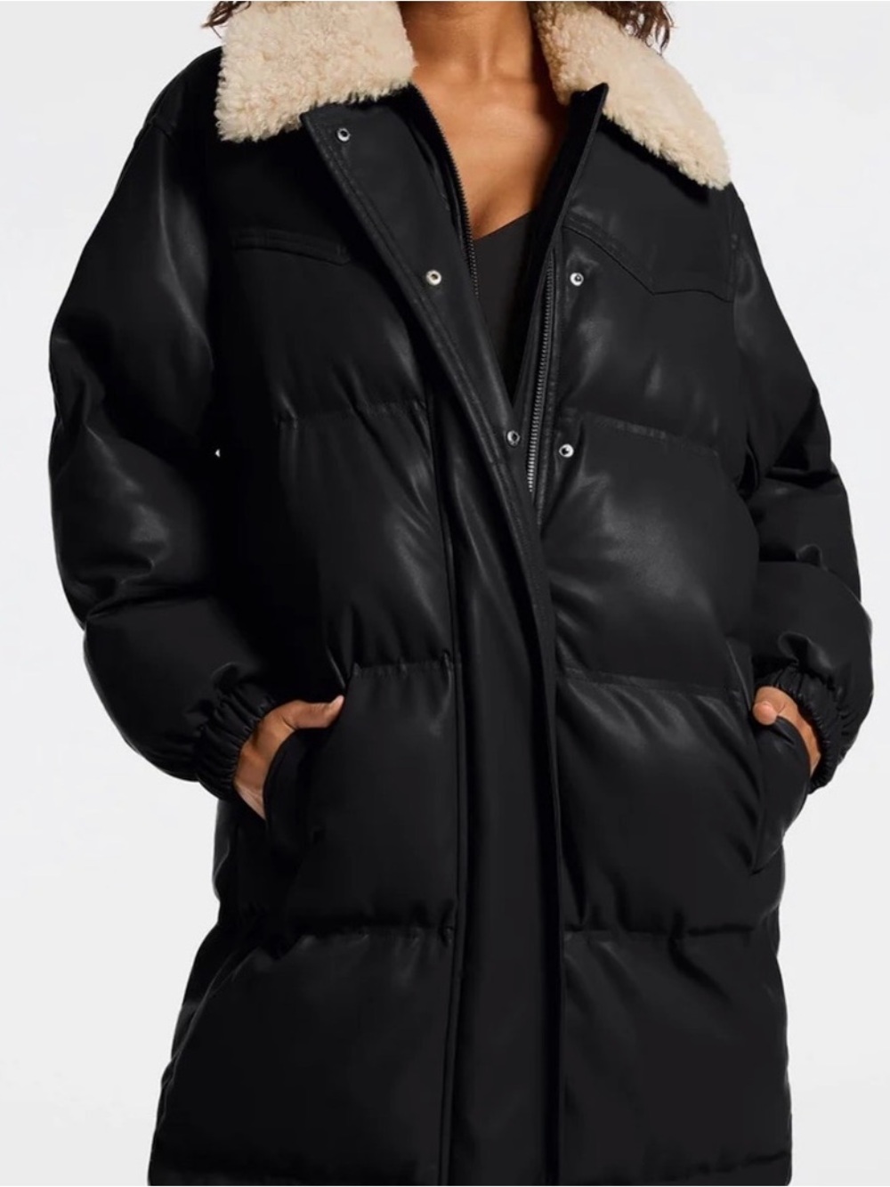 Stand Studio Faux-Leather Puffer Coat with Contrast Sherpa Collar